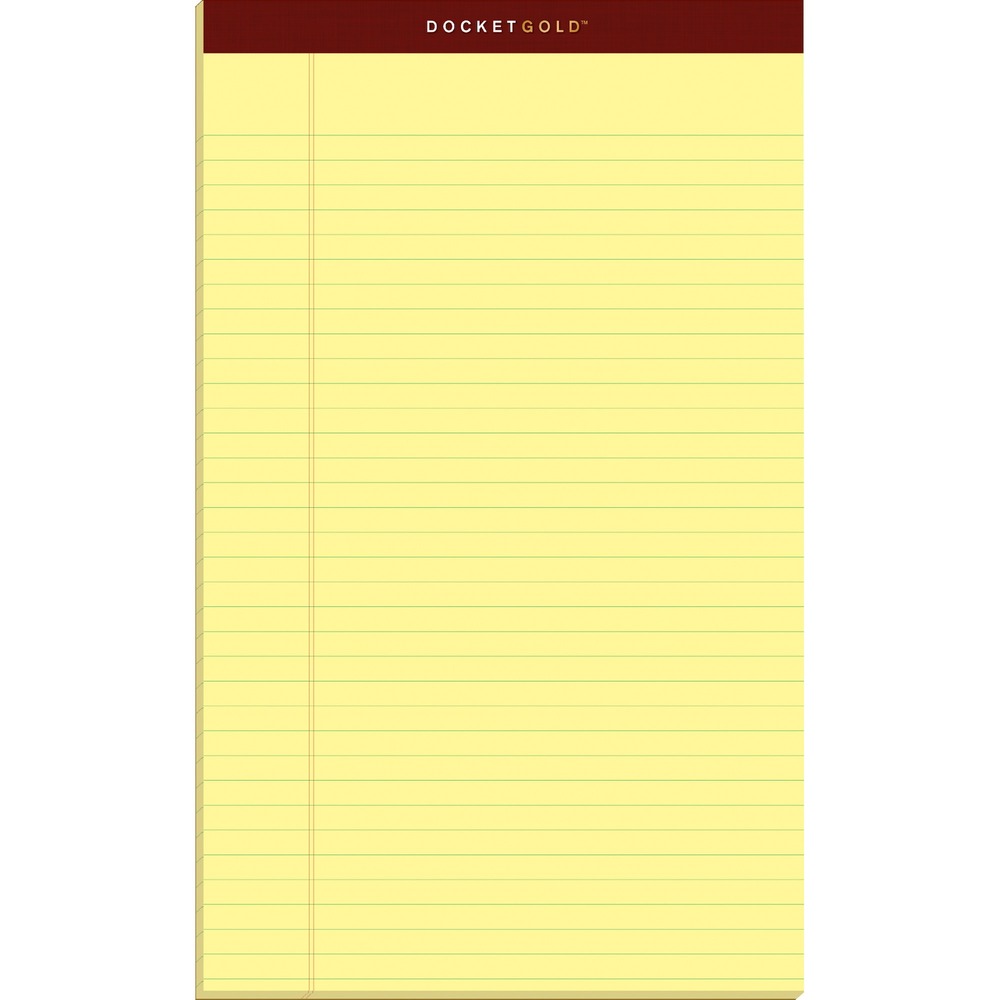 TOP63980 - Docket Gold Writing Pads contain premium-weight paper that restricts bleed-through and provides a smooth writing surface. Letr-Trim perforation allows clean and easy sheet removal. Legal/wide-ruled sheets are double-stitched at the top for added strength and feature burgundy marble binding for a professional look. Extra-sturdy, rigid backboard offers writing support. Each pad includes 50 legal-size sheets of 20 lb. paper with 11/32" line spacings and a 1-1/4" left margin.