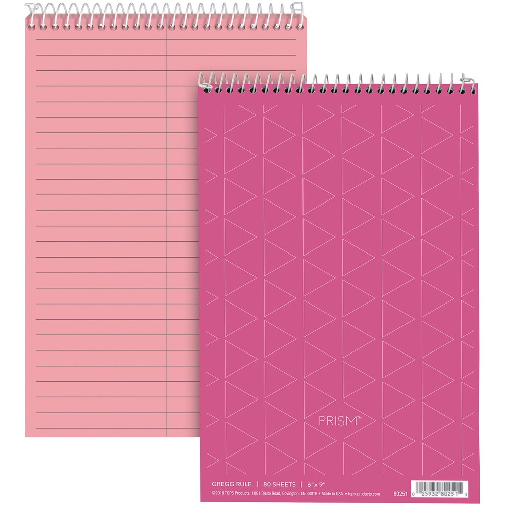 TOP80254 - Steno notebook features a fashion pastel color to help organize projects while being easy on the eyes. Each sheet is Letr-Trim perforated for clean and easy sheet removal and Gregg-ruled in light gray with a center line. Notebook contains 80 sheets of color-coordinated, premium bond paper. Top binding is ideal for both right-handed and left-handed writers. Coil-lock wire binding prevents scratched desktops or snagged clothing. Stiff, 40 point backboard is a perfect writing surface.