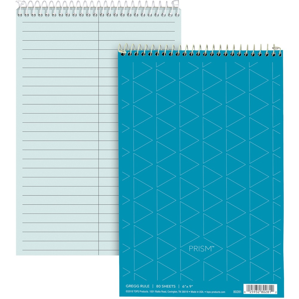 TOP80284 - Steno notebook features a fashion pastel color to help organize projects while being easy on the eyes. Each sheet is Letr-Trim perforated for clean and easy sheet removal and Gregg-ruled in light gray with a center line. Notebook contains 80 sheets of color-coordinated, premium bond paper. Top binding is ideal for both right-handed and left-handed writers. Coil-lock wire binding prevents scratched desktops or snagged clothing. Stiff, 40 point backboard is a perfect writing surface.