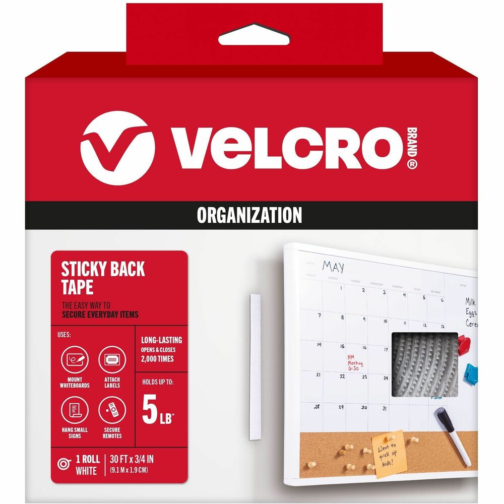 VEK91138 - Sticky Back Tape, the original hook-and-loop fastener, features simple peel-and-stick application. It is perfect for office, school, home and workshop use. Use on smooth surfaces including walls, glass, tile, plastic, metal and wood. Tape works with other VELCRO Brand fasteners or adheres to itself. More from the Manufacturer