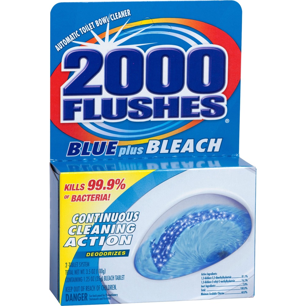 WDF208017 - 2000 Flushes Blue Plus Bleach kills 99.9 percent of bacteria. With a concentrated formula, the automatic toilet bowl cleaner delivers continuous cleaning action for up to four months. It uses powerful chlorine to bleach away stains to keep your toilet bowl continuously sanitary, stain-free and deodorized. 2000 Flushes Toilet Bleach freshens your bowl and keeps the water crystal-clear with every flush. Cleaner is not harmful to plumbing or septic tanks when used as directed.