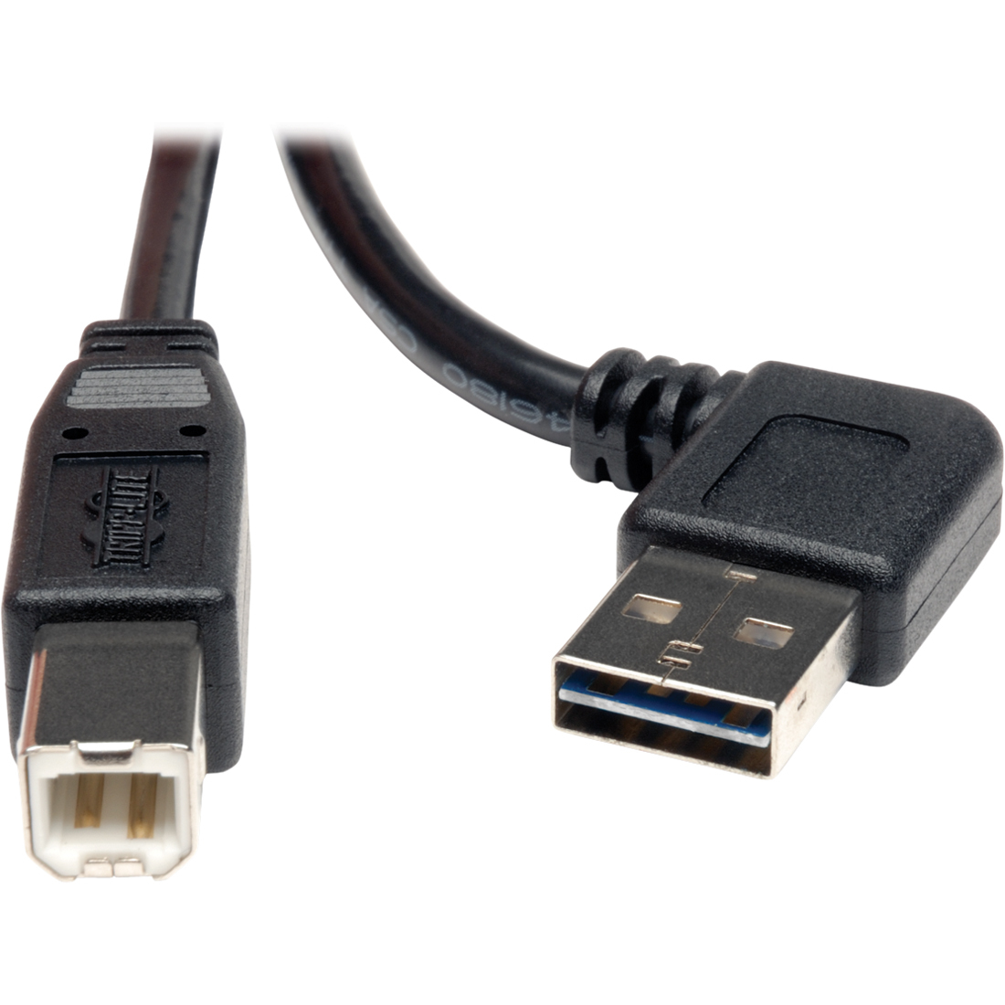 Tripp Lite Universal Reversible USB 2.0 Right Angle A-Male to B-Male Device Cable - 3ft - 3 ft USB Data Transfer Cable - First End: 1 x 4-pin USB 2.0 Type A - Male - Second End: 1 x 4-pin USB 2.0 Type B - Male - Shielding - Nickel Plated Connector - Gold 