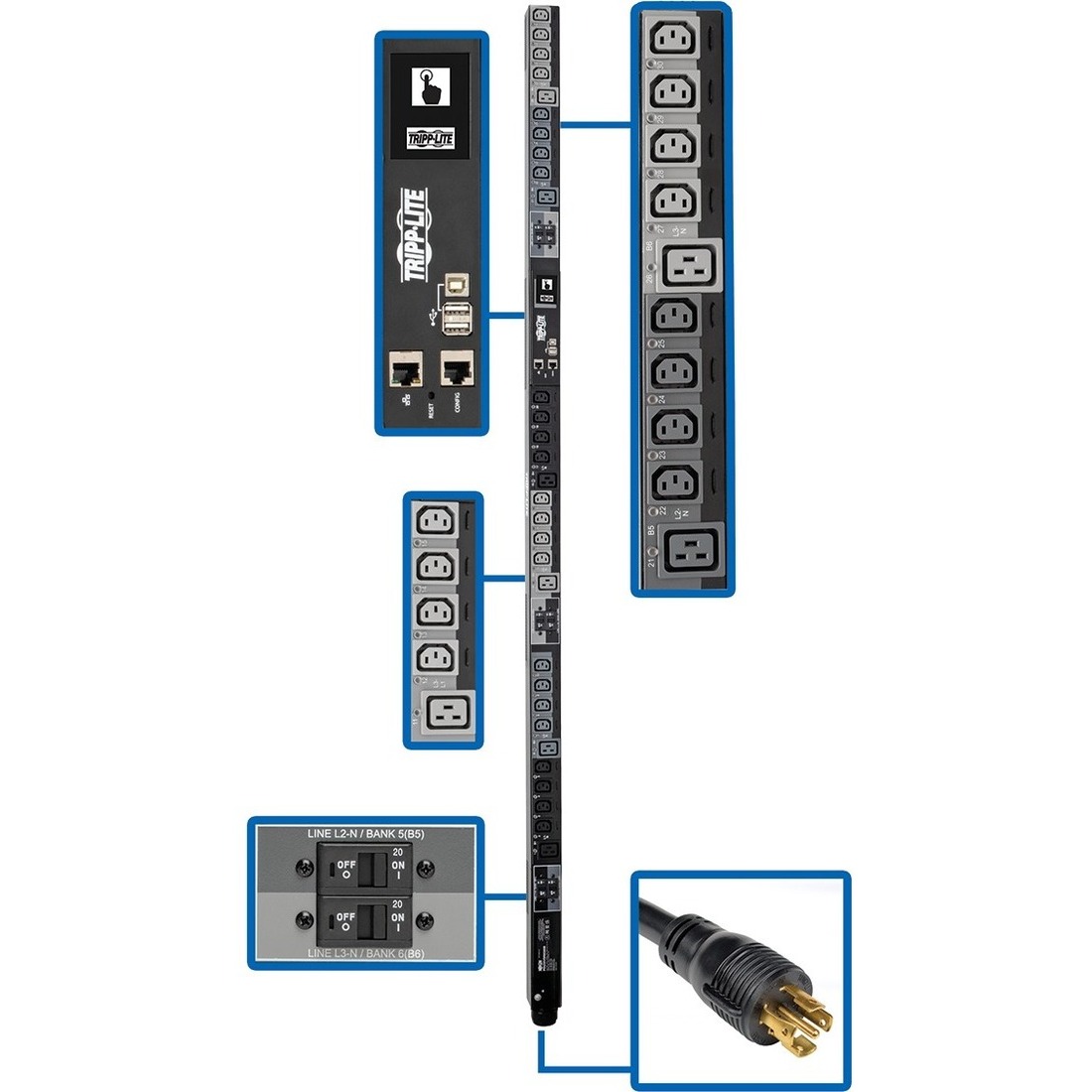 Tripp Lite PDU3XEVSR6L230B 30-Outlets PDU - Switched - NEMA L22-30P - 24 x IEC 60320 C13, 6 x IEC 60320 C19 - 415 V AC - Network (RJ-45) - 0U - Vertical - Rack-mountable - TAA Compliant