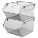 Lorell Mesh Stacking Storage Bin - 2 Tier(s) - 8.8" Height x 15.3" Width x 12.6" DepthDesktop - Sturdy, Swivel, Stackable, Carrying Handle - Silver - Steel, Metal - 2 / Pair