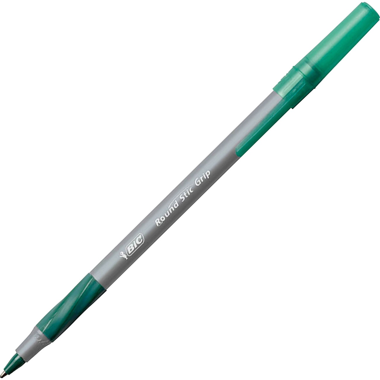 Bic round stic grip ballpoint pen, medium point, 1.0 mm, pocket clip, Green Ink/White barrel, dozen (070330138889)