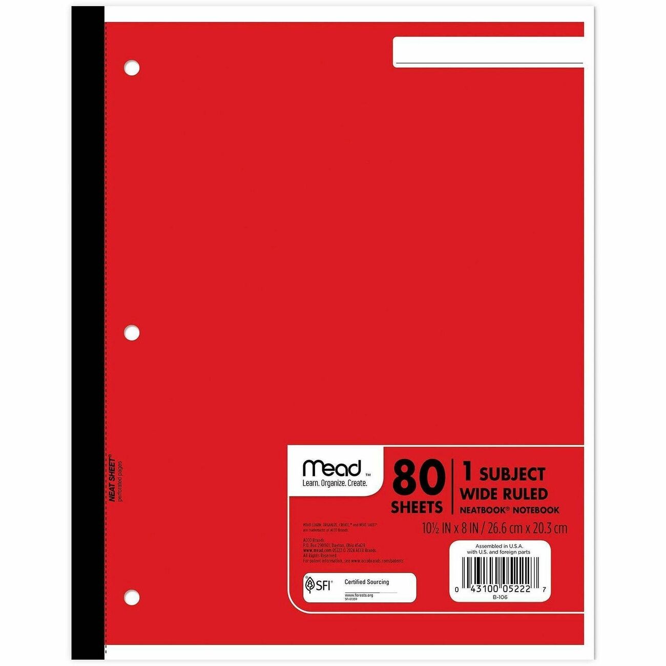 Mead 05222 1-Subject Wireless Notebook 80 Sheets Wide Ruled 8x10.5