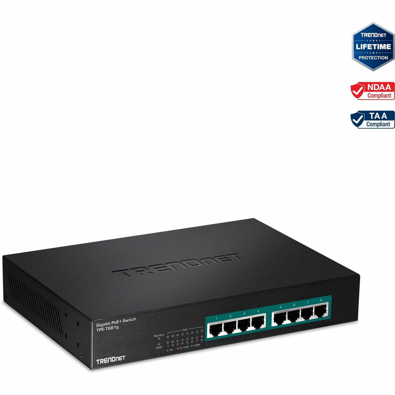 TRENDnet 8-Port Gigabit GREENnet PoE+ Switch, TPE-TG81g, 8 x