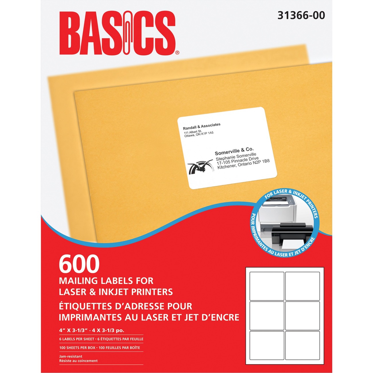 Basics® Mailing Labels for Laser Printers 4" x 3-1/3" White (600 Labels