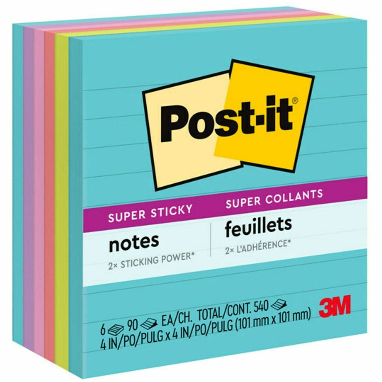 Post-it Super Sticky Notes, 3x3 in, Summer Joy Collection, Assorted Colors, 90 Sheets/Pad, 5 Pads/Pack, 2 Packs