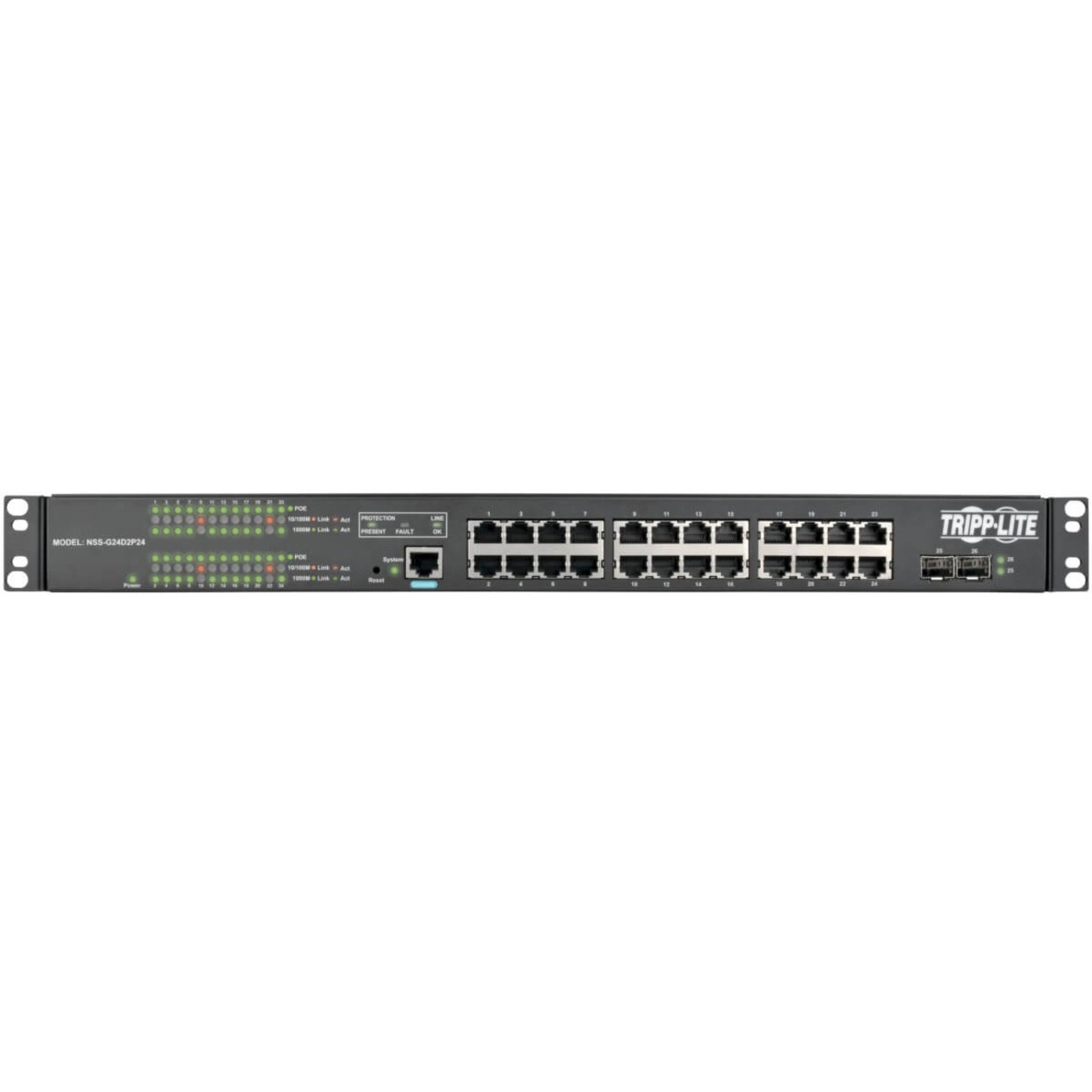 Tripp Lite NSS-G24D2P24 Ethernet Switch - 24 Ports - Manageable - Gigabit Ethernet - 1000Base-X, 10/100/1000Base-T - 2 Layer Supported - Modular - 2 SFP Slots - Optical Fiber, Twisted Pair - 1U High - Rack-mountable - 5 Year Limited Warranty