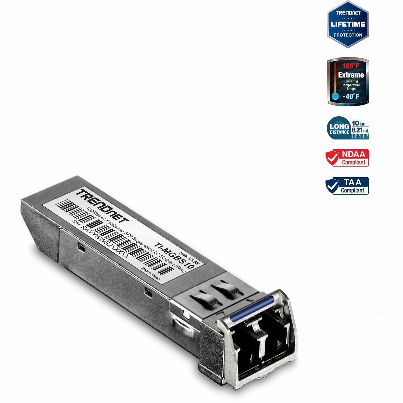 TRENDnet SFP to RJ45 Industrial Single-Mode LC Module (10km), TI-MGBS10,  1000Base-LX Industrial SFP, Compliant with IEEE 802.3z Gigabit Ethernet,  Data Rates of up to 1.25Gbps, Lifetime Protection