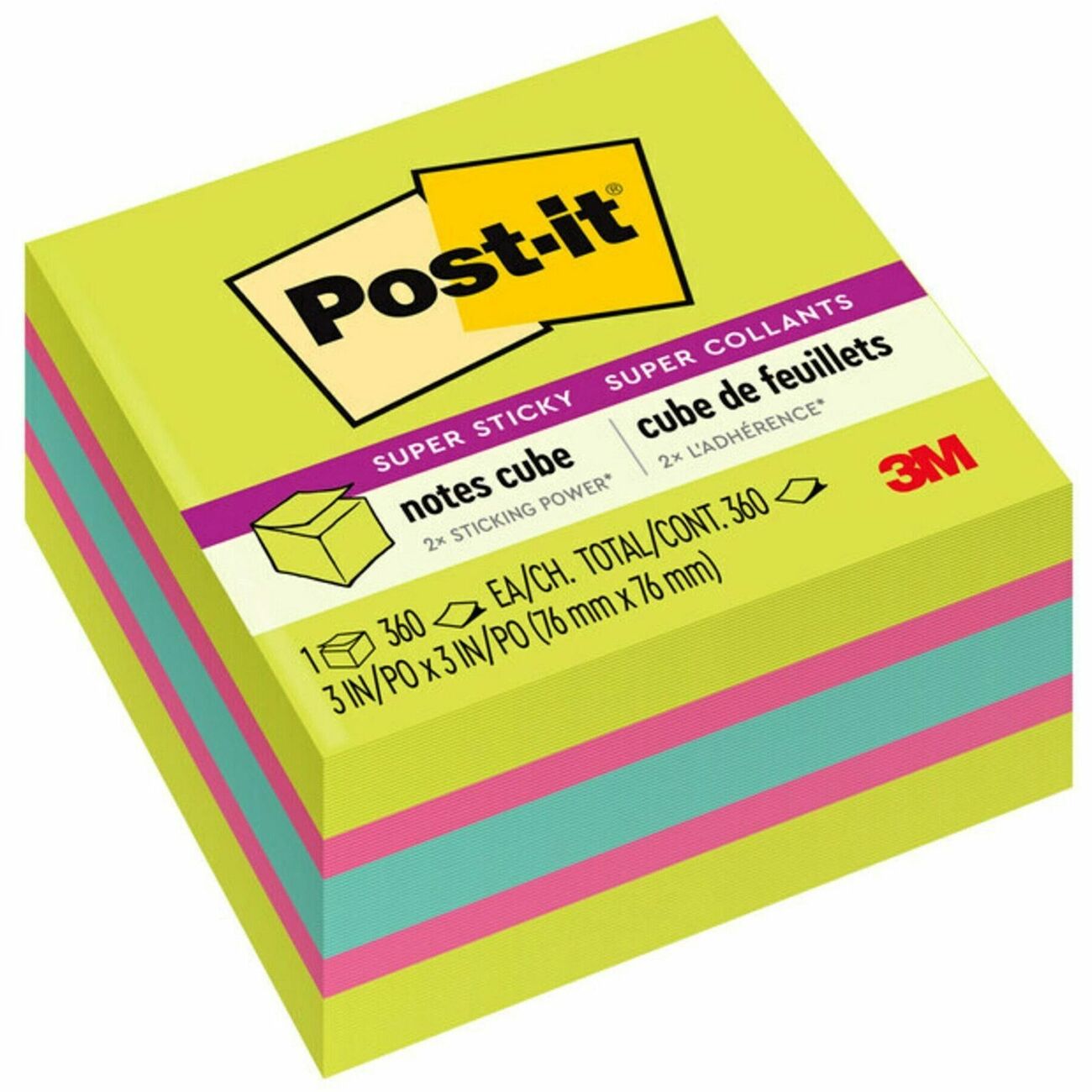 Post-itSuper Sticky Notes Cube Bright Colors 360 Sheets/Cube 3" x 3" 