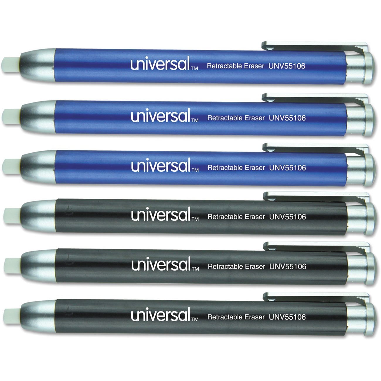 Universal Manual Eraser - White - Assorted Barrel - Pen - Refillable - Thermoplastic Rubber - 3.6" Length - 6 / Pack - Easy Grip, Retractable, Pocket Clip, Tear Resistant, Scratch Resistant, Ghost Resistant, Non-toxic, Durable
