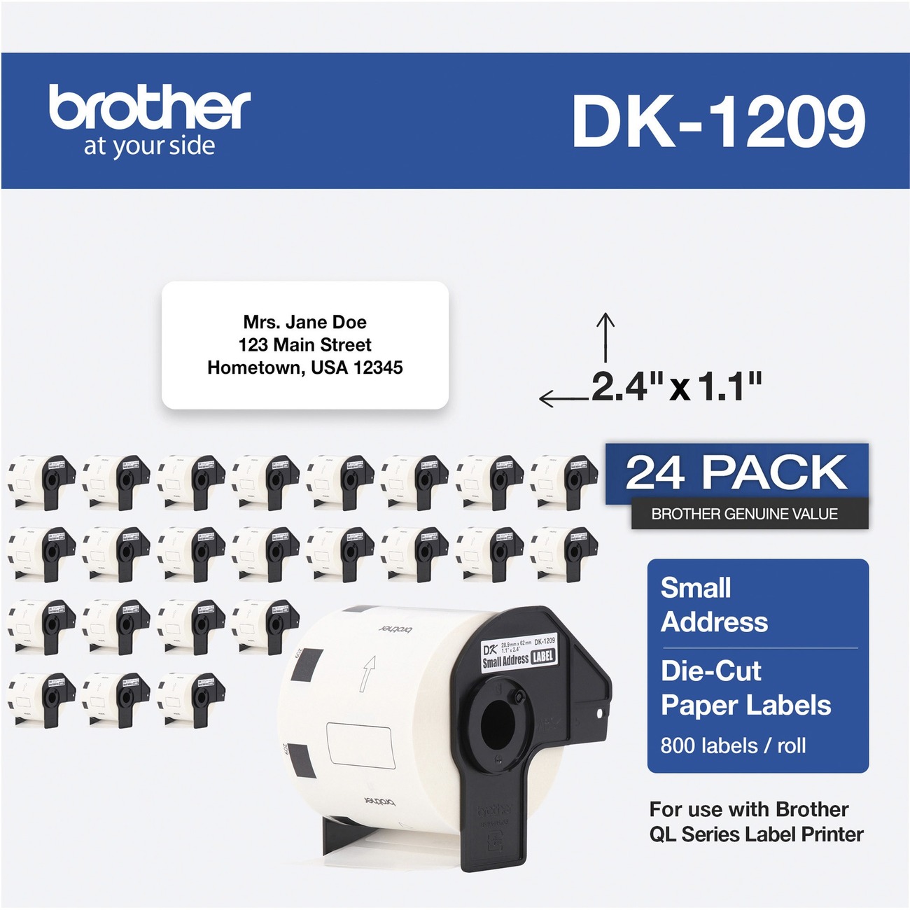 Brother DK Address Label - 2 2/5" x 1/10" Length - Rectangle - - White - Paper - 800 / Roll 24 / Each - R&A Office Supplies