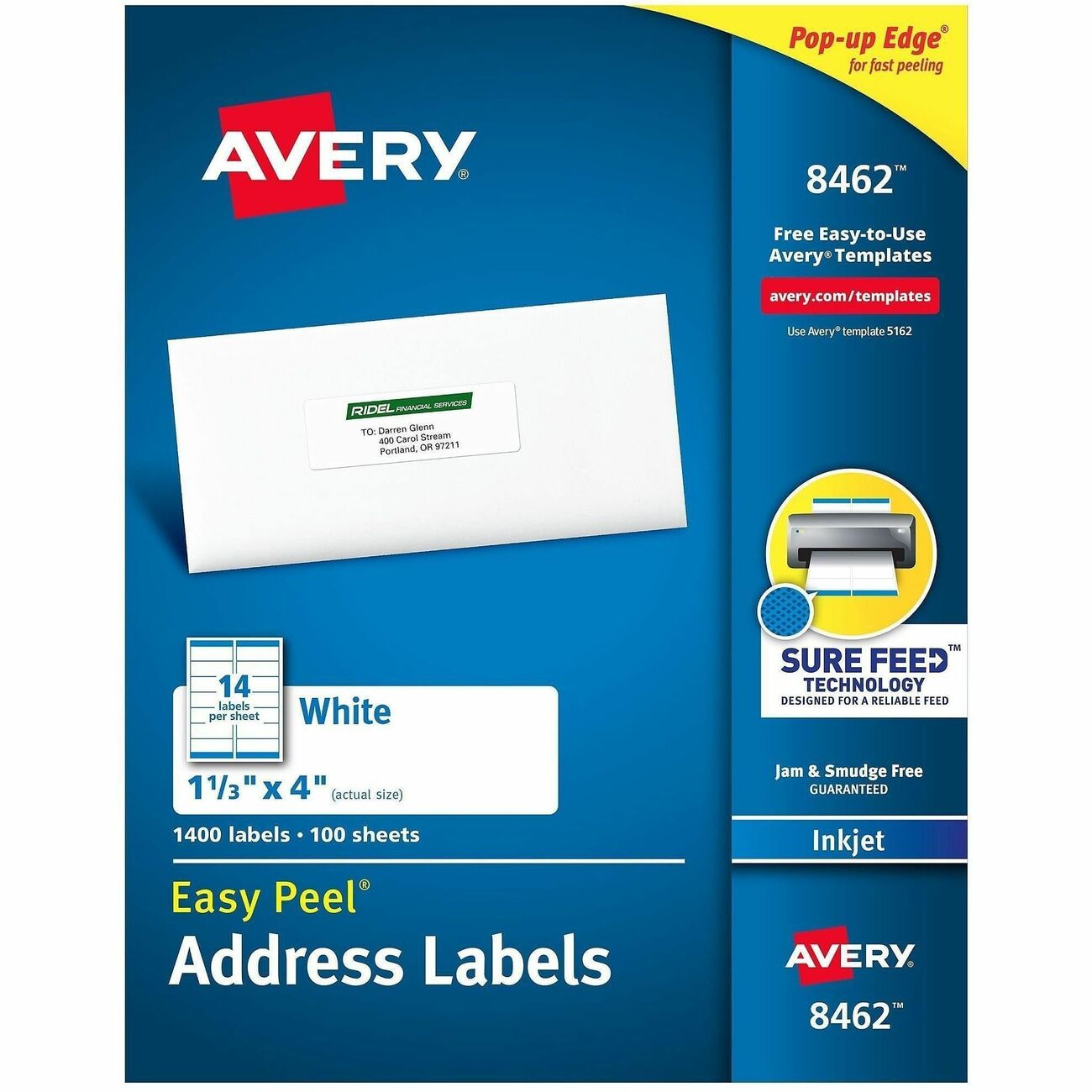 Avery 8462 Easy Peel Inkjet Address Labels, 1-1/3 x 4, White, 1400