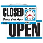 Headline Open/Closed 2-sided Sign - 1 Each - Open, CLOSED, Please Call Again, Will Return Print/Message - 11.50" (292.10 mm) Width x 6" (152.40 mm) Height - Rectangular Shape - Customizable Time - White, Blue