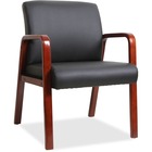 Lorell Guest Chair - Black Bonded Leather Seat - Black Bonded Leather Back - Mahogany Solid Wood Frame - Four-legged Base - Armrest - 1 Each