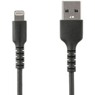 StarTech.com 3 foot/1m Durable Black USB-A to Lightning Cable, Rugged Heavy Duty Charging/Sync Cable for Apple iPhone/iPad MFi Certified - Aramid fiber shelters heavy duty lightning cable from stress of bends/twists - Black durable strong rugged USB-A to Lightning charger cable - Strain relief for 10000 bend cycles - Apple MFi certified charging cord for iPhone - USB 2.0 480 Mbps