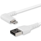 StarTech.com 2m USB A to Lightning Cable iPhone iPad Durable Right Angled 90 Degree White Charger Cord w/Aramid Fiber Apple MFI Certified - Aramid fiber shelters 6.5ft heavy duty USB-A to lightning cable from stress of bends/twists - Right angled connector prevents tension/damage - White durable cord w/extended strain relief withstands 10000 bend cycles - MFi certified iPad iPhone