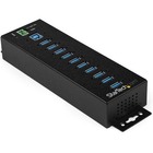 StarTech.com 10 Port USB Hub w/ Power Adapter - Metal Industrial USB 3.0 Data Hub - Din Rail, Wall & Desk Mount USB 3.1 Gen 1 5Gbps Hub - Industrial USB 3.0 hub w/ rugged metal housing. 15kV/8kV ESD protection and 350W surge protection. Mountable to desk, wall or DIN rail. Powered +7-24 volt range, 50W max (shared). 10 USB 3.0 (3.1 Gen 1) 5Gbps ports. USB cable and AC adapter included.