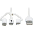 Tripp Lite Safe-IT M101AB-004-LMCW Lightning/Micro-USB/USB/USB-C Data Transfer Cable - 3.9 ft Lightning/Micro-USB/USB/USB-C Data Transfer Cable for iPhone, iPod, iPad, Mobile Device, Computer, Wall Charger, Car Charger, Notebook, Smartphone, Tablet, Digital Camera, ... - First End: 1 x USB 2.0 Type A - Male - Second End: 1 x 8-pin Lightning - Male, 1 x USB 2.0 Type C - Male, 1 x Micro USB Type B - Male - 480 Mbit/s - MFI - Nickel Plated Connector - Gold Plated Contact - VW-1 - White