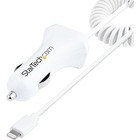 StarTech.com Lightning Car Charger with Coiled Cable, 1m Built-in Cable, 12W, White, 2 Port USB Car Charger Adapter, In Car iPhone Charger - Dual Device car charger charges two mobile devices up to 2.1A simultaneously; Built-in coiled Lightning cable provides a tangle free environment in vehicles; Charge tablets and Lightning devices at the same time; Fits in an auxiliary power outlet
