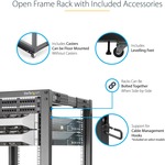 StarTech.com 12U Adjustable Depth Open Frame 4 Post Server Rack w/ Casters / Levelers and Cable Management Hooks - 544.31 kg x Static/Stationary Weight Capacity