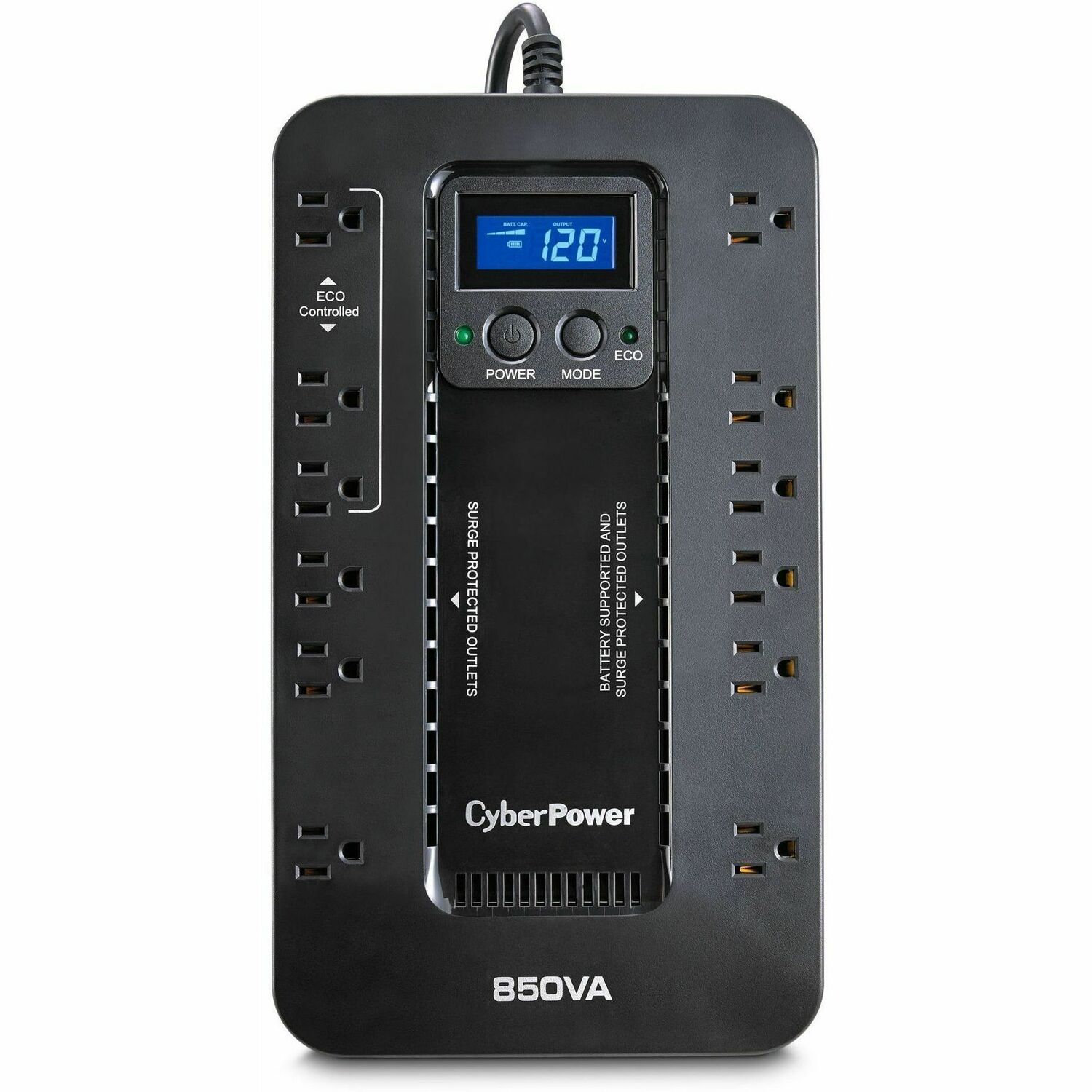 CyberPower UPS Systems EC850LCD Ecologic -  Capacity: 850 VA / 510 W - Compact - 8 Hour Recharge - 2.30 Minute Stand-by - 120 V AC Input - 120 V AC Output - USB - 12 x NEMA 5-15R