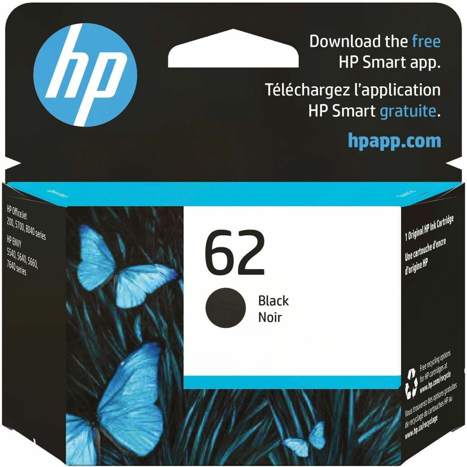 HP 62 Original Ink Cartridge - Single Pack - Inkjet - 200 Pages - Black - 1 Each