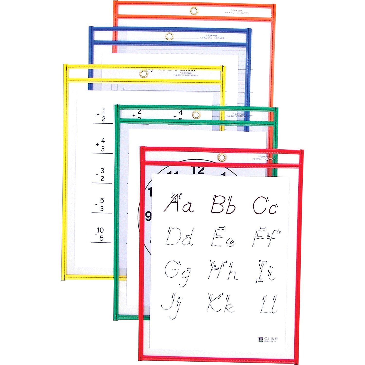 C-Line Reusable Dry Erase Pockets, Assorted Primary Colors, 9 x 12, 5/PK