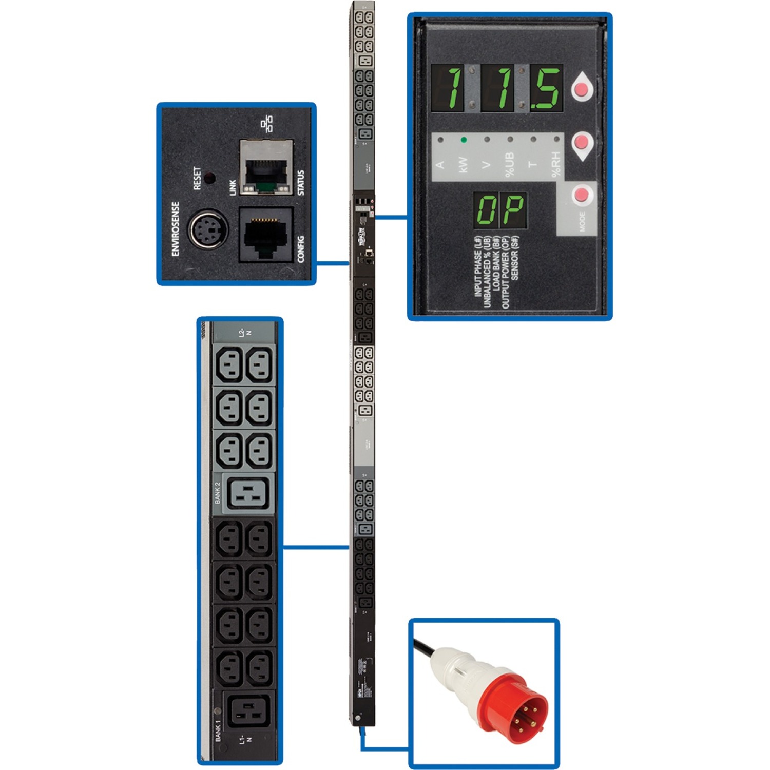 Tripp Lite Monitored PDU3XVN6G20 48-Outlets PDU - Monitored - IEC 60309 16/20A RED (3P+N+E) - 6 x IEC 60320 C19, 42 x IEC 60320 C13 - 11.50 kW - 0U - Vertical - Rack-mountable - TAA Compliant