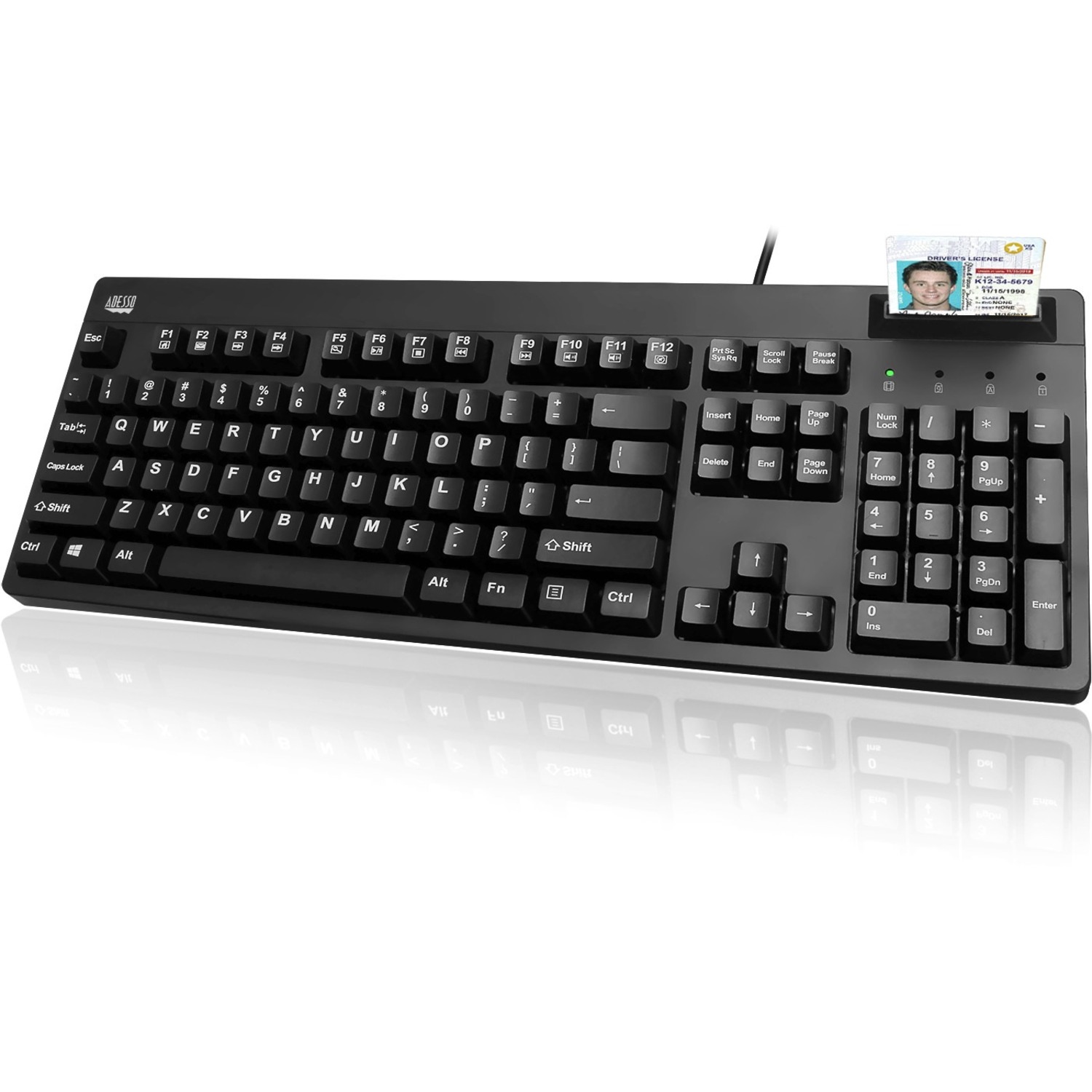 Adesso EasyTouch 630SB-TAA - Smart Card Reader Keyboard (TAA Compliant) - Cable Connectivity - USB Interface - 104 Key(s) - Internet, Multimedia, Email, Volume Down, Volume Up, Mute, Previous Track, Stop, Next Track, Play/Pause, Windows Key, ... Hot Key(s) - Windows Vista, Windows XP, Windows 10, Windows 8, Windows 7, Windows 2000 - English (US) - Smart Card Reader - PC - Membrane Keyswitch - Black - TAA Compliant