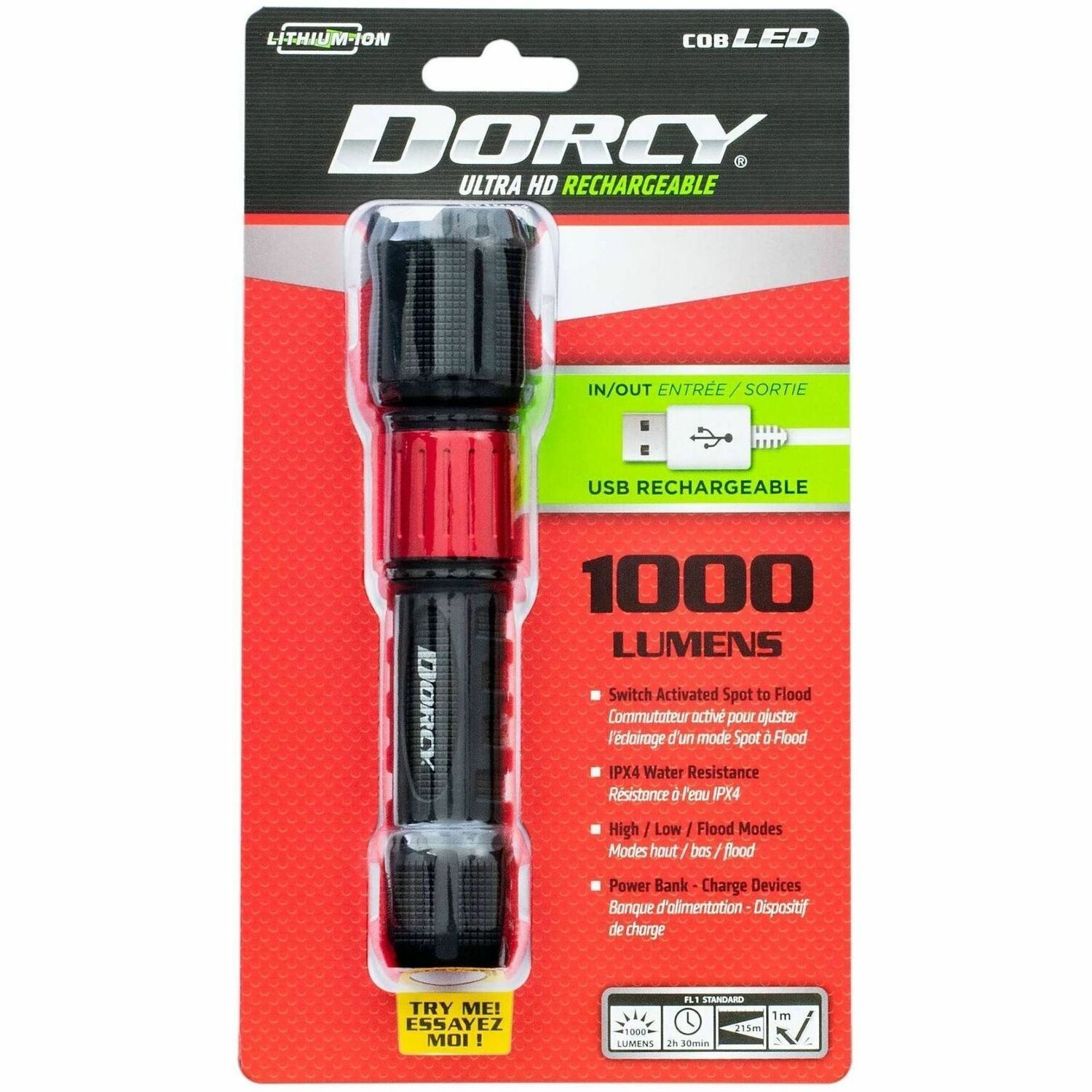 Dorcy Ultra 1000 Lumen USB Rechargeable Flashlight With Powerbank - LED - 1000 lm Lumen - 1 - Lithium Ion (Li-Ion) - Battery Rechargeable - Battery - Anodized Aluminum - Water Resistant, Impact Resistant - Black
