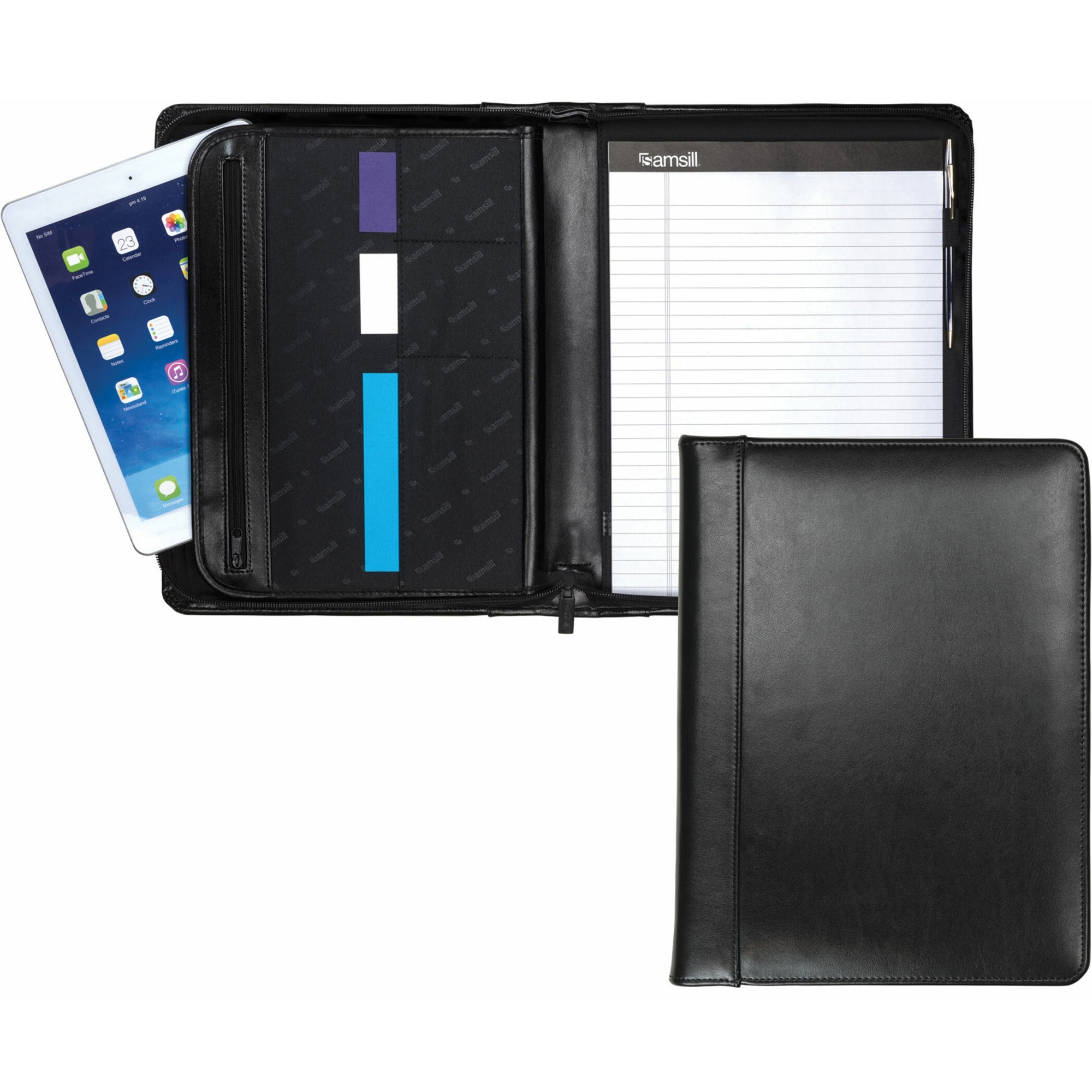 Samsill Regal Letter Pad Folio - 8 1/2" x 11" - Internal Pocket - Leather - Black - Zipper Closure, Wrap-around, Pen Loop - 1 Each