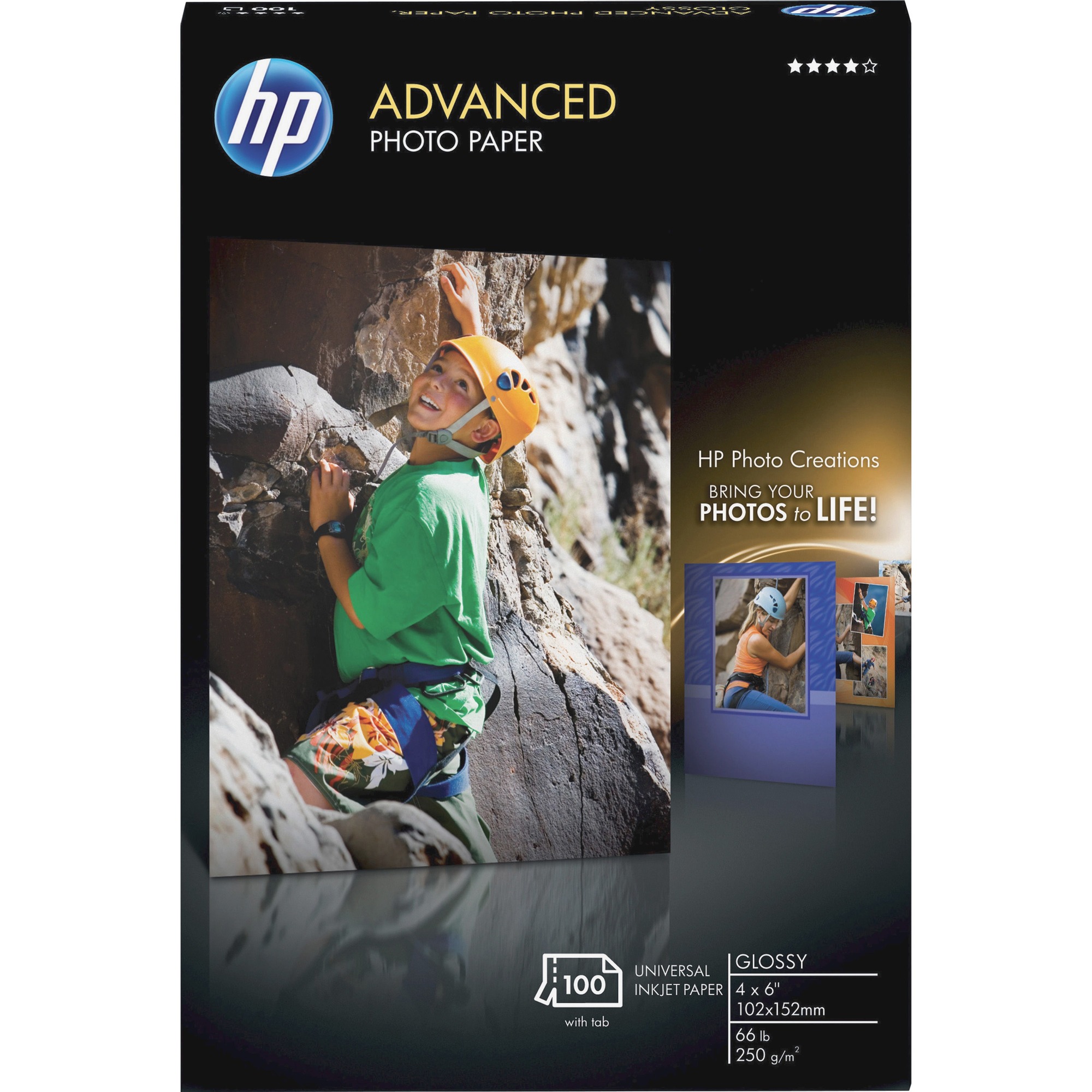 HP Advanced Glossy Photo Paper - 4" (101.60 mm) x 6" (152.40 mm) - 66 lb (29937.10 g) Basis Weight - Glossy - Quick Drying, Smudge Resistant, Durable - Glossy - 1 Pack