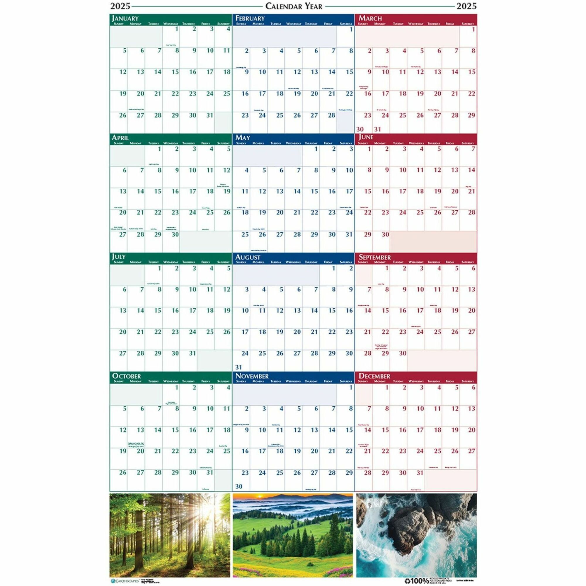 House of Doolittle Earthscapes Laminated Wall Calendar - Julian Dates - January 2025 to December 2025 - 37" x 24" Sheet Size - 1" x 1.25" Block - Multi - Paper - 1 Each