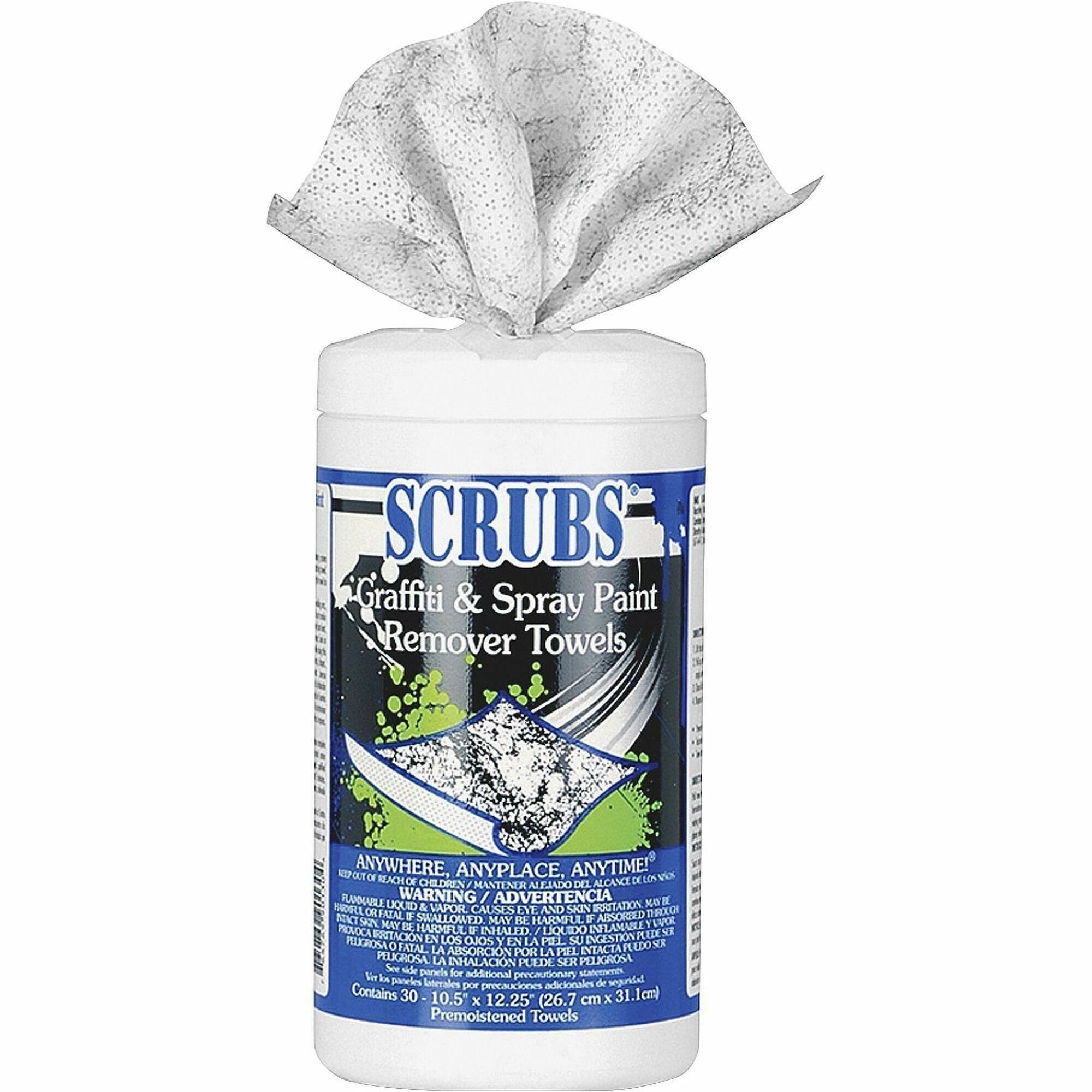 SCRUBS Graffiti/Spray Paint Remover Towels - For Graffiti, Metal Surface, Porcelain, Vinyl, Baked Enamel, Glass, Stainless Steel, Plexiglas, Aluminum, Formica, Brick, ... - Recommended For: Paint Remover, Lipstick Remover, Grease Remover, Ink Remover, Residue Remover - Absorbent, Non-scratching, Abrasive - White - 30/Canister - 1 Each