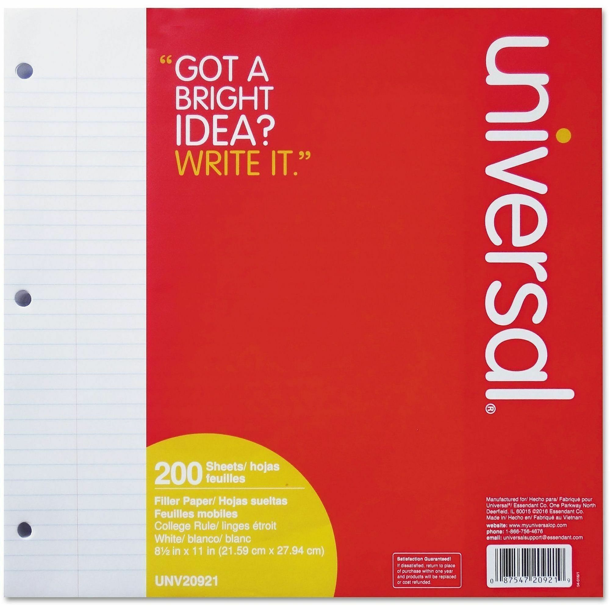 Universal Filler Paper, 3-Hole, 8.5 x 11, Medium/College Rule, 200/Pack