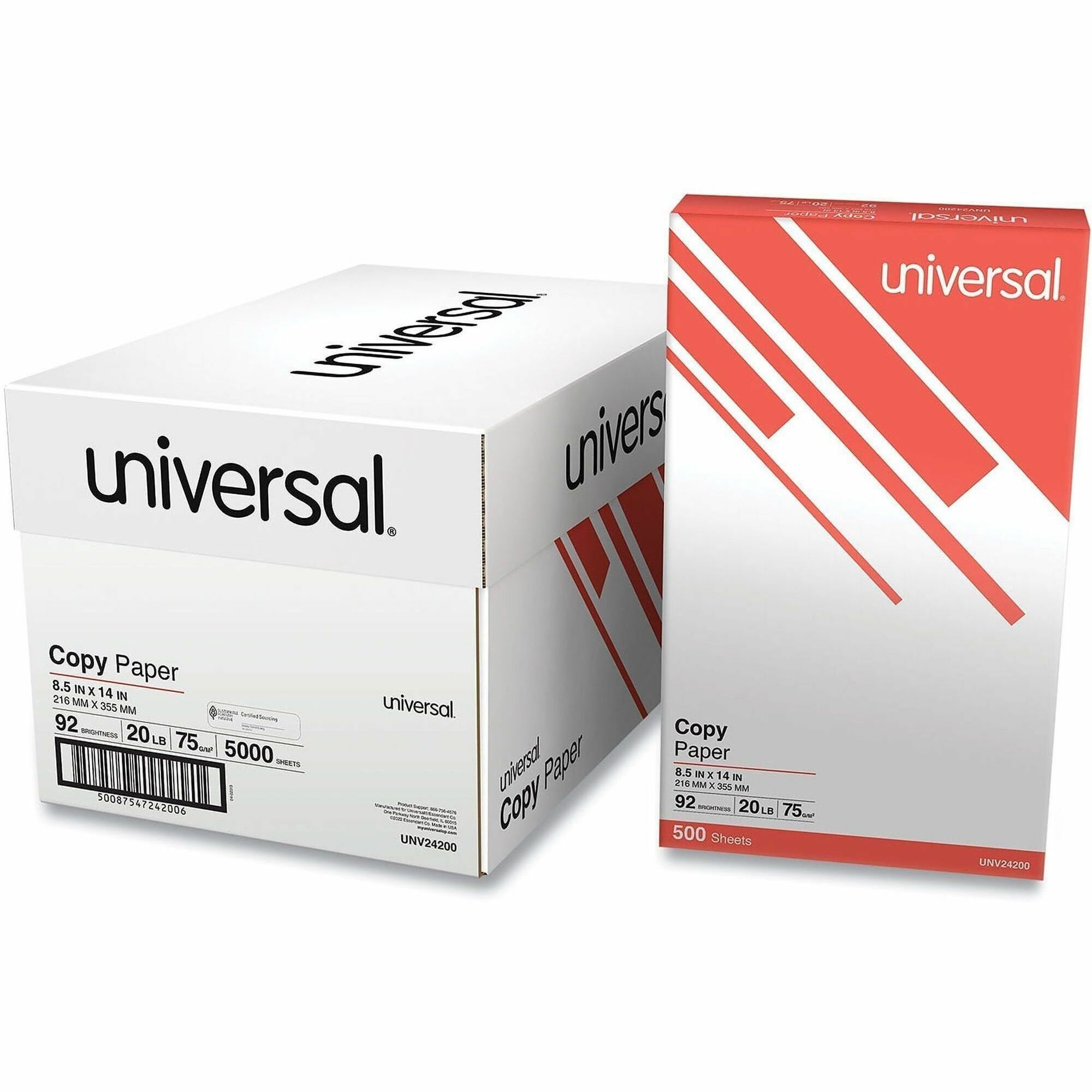 Universal Copy Paper - 92 Brightness - Legal - 8 1/2" x 14" - 20 lb Basis Weight - 75 g/m² Grammage - Smooth - White - 5000 Sheets - 500 Sheets per Ream - 10 / Carton