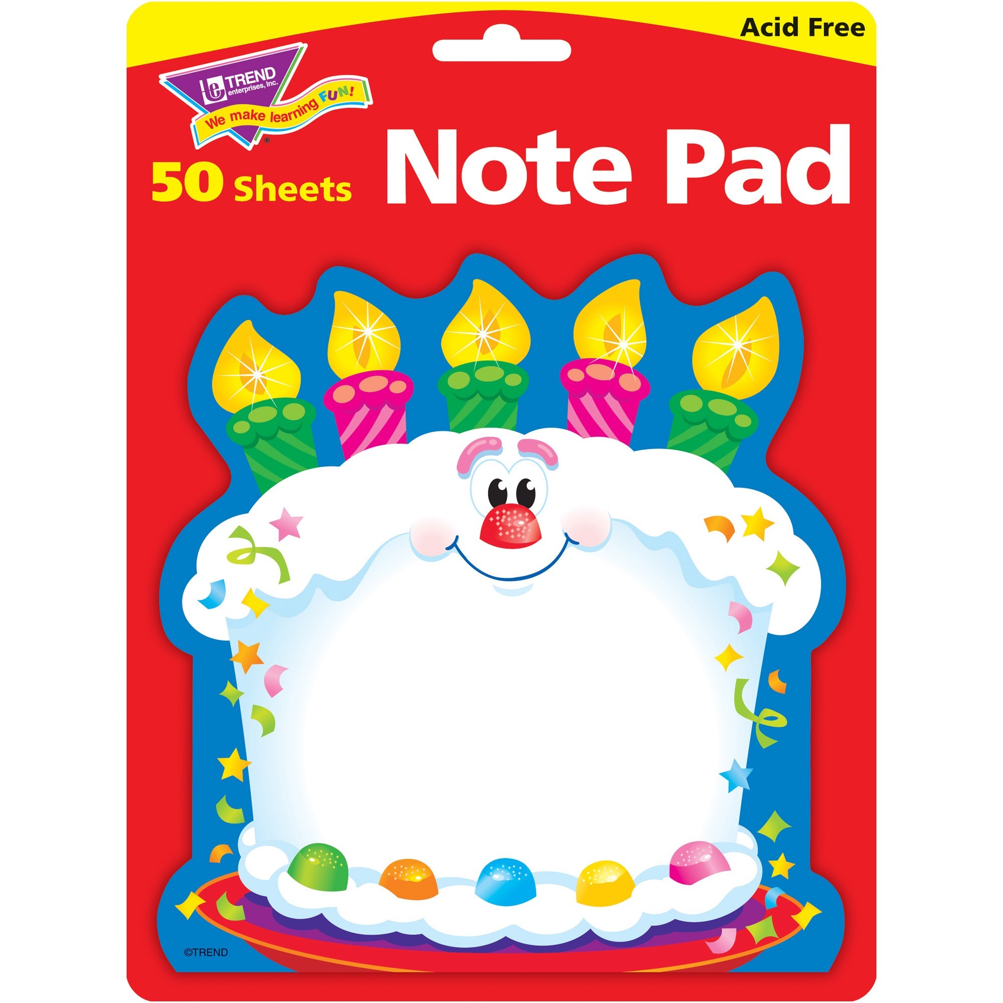 Trend Bright Birthday Shaped Note Pad - 50 x Multicolor - 5" Flag/Note Width x 5" Flag/Note Length - Birthday Cake - Multicolor - Acid-free, Die-cut - 1 / Pad