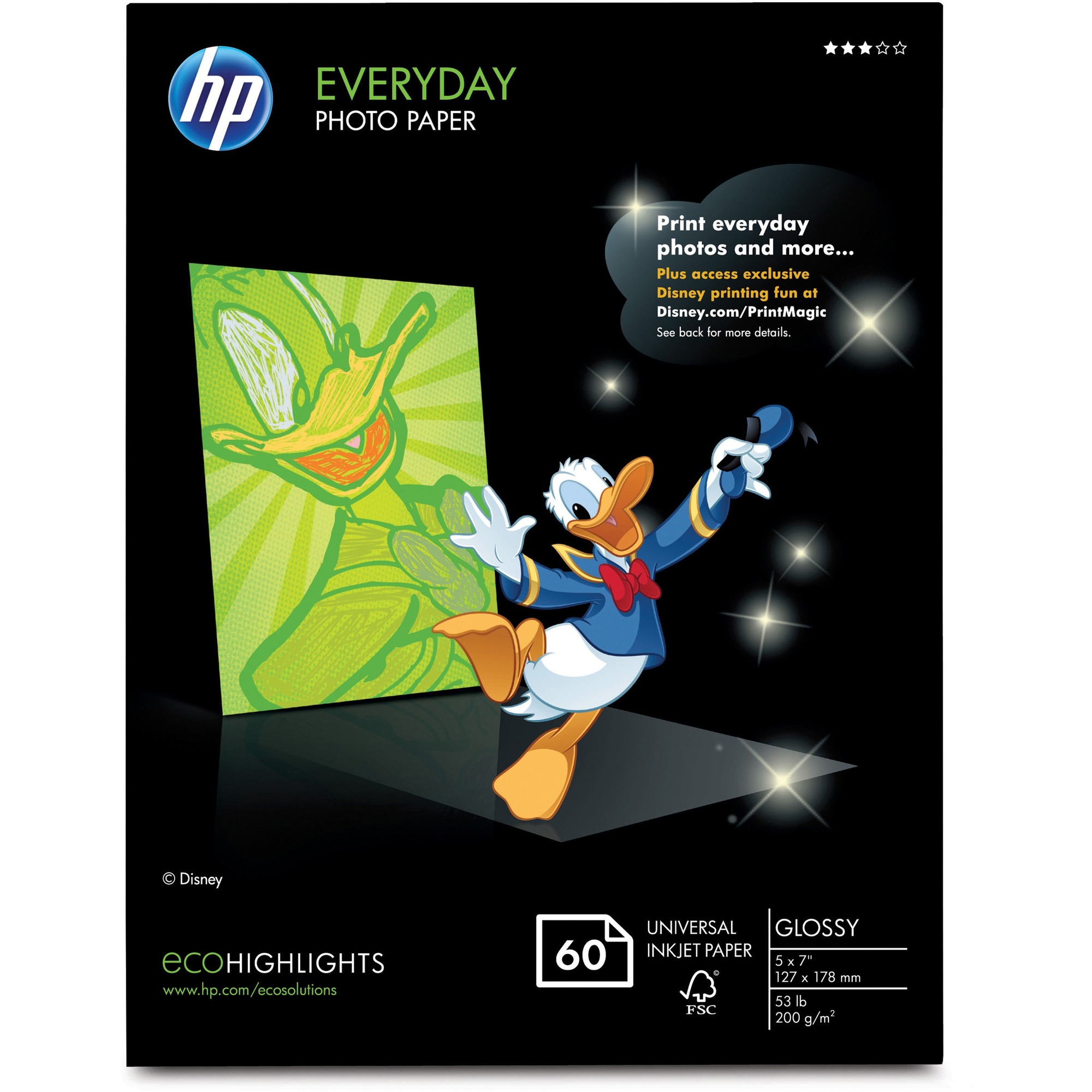 HP Everyday Photo 5x7 Glossy Paper - Photo Paper - 5" (127 mm) x 7" (177.80 mm) - 53 lb (24040.40 g) Basis Weight - Glossy - Design for the Environment (DfE) - White - 1 / Pack