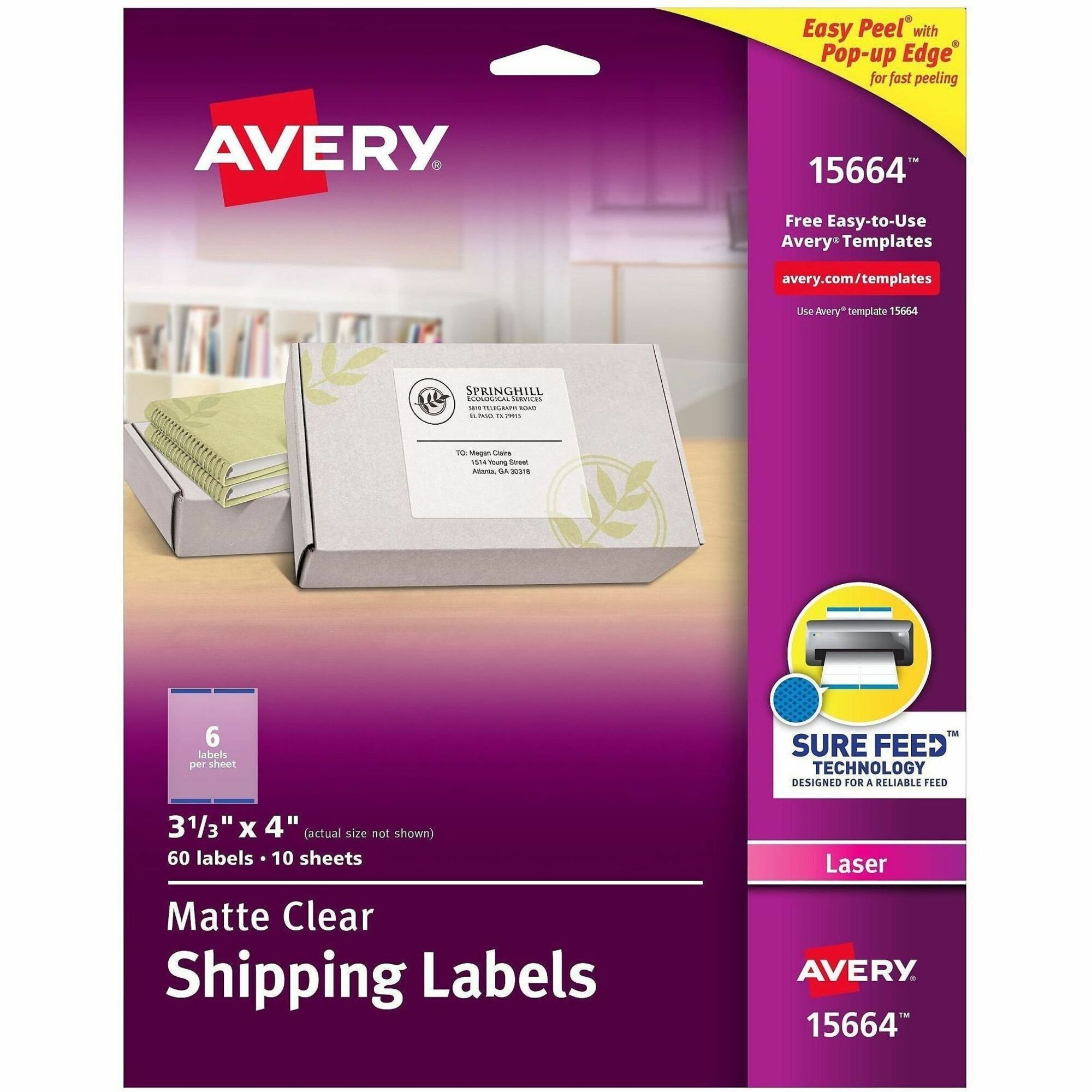 Avery&reg; Clear Shipping Labels, Sure Feed, 3-1/3" x 4" , 60 Labels (15664)