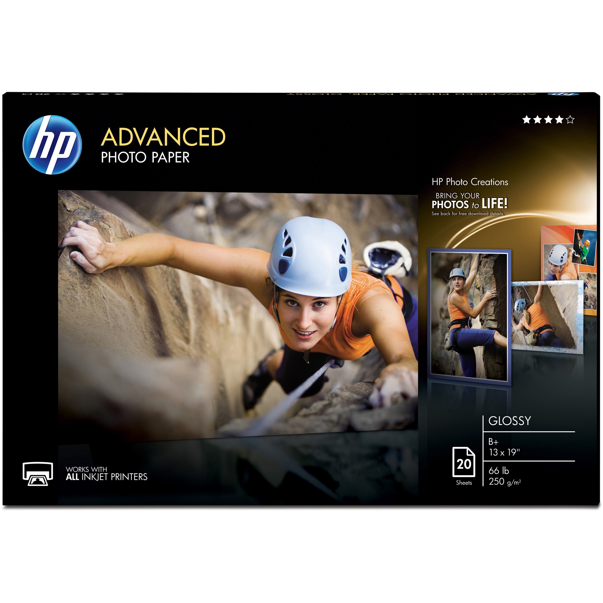 HP CR696A Advanced Glossy Photo Paper - Super B - 13" (330.20 mm) x 19" (482.60 mm) - 66 lb (29937.10 g) Basis Weight - Glossy - Quick Drying, Water Resistant, Smear Resistant, Humidity Resistant, Smudge Resistant - 20 / Pack