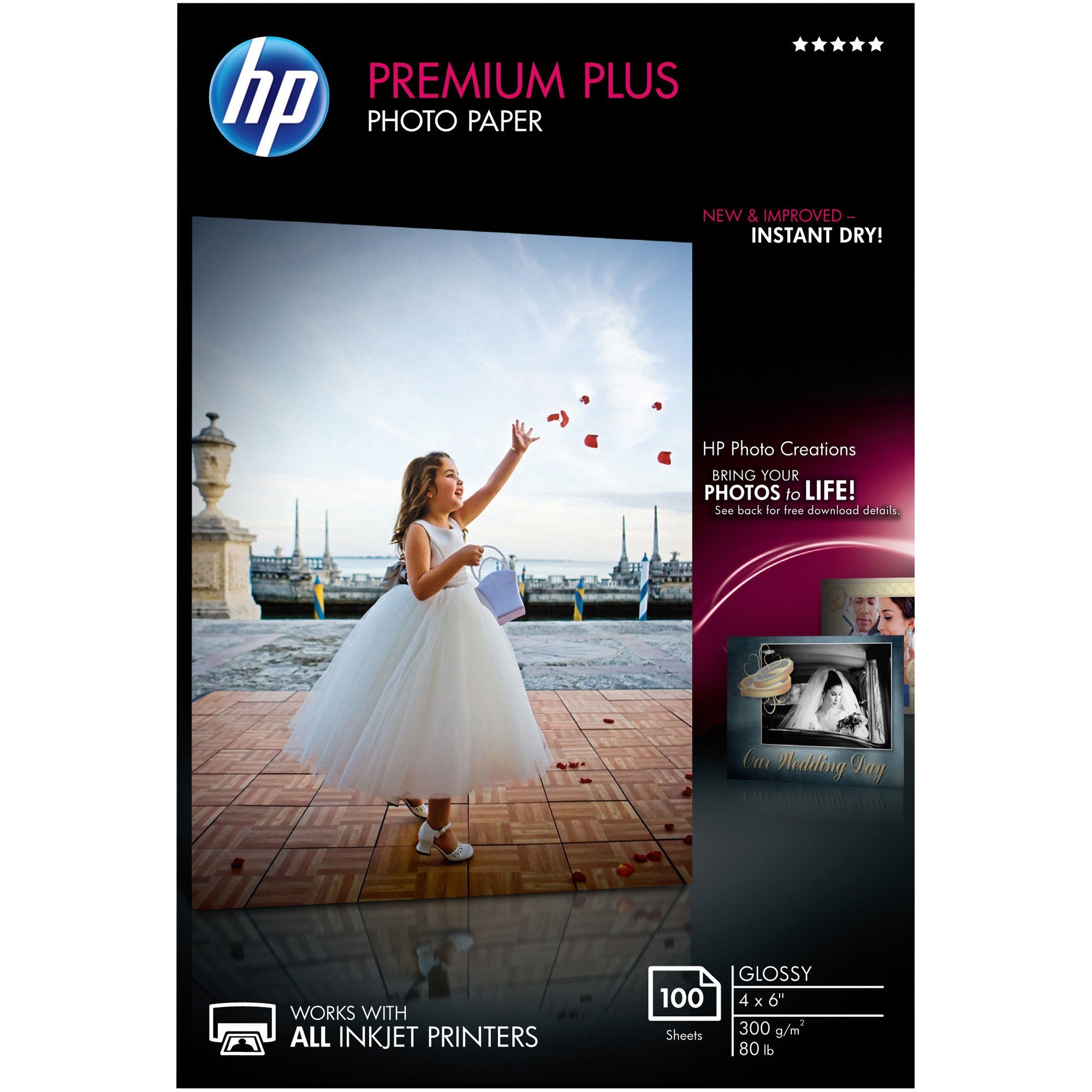 HP Premium Plus 11.5 mil Photo Paper - 4" (101.60 mm) x 6" (152.40 mm) - 80 lb (36287.39 g) Basis Weight - Glossy - Smudge Proof, Water Resistant, Quick Drying - White - 1 / Pack