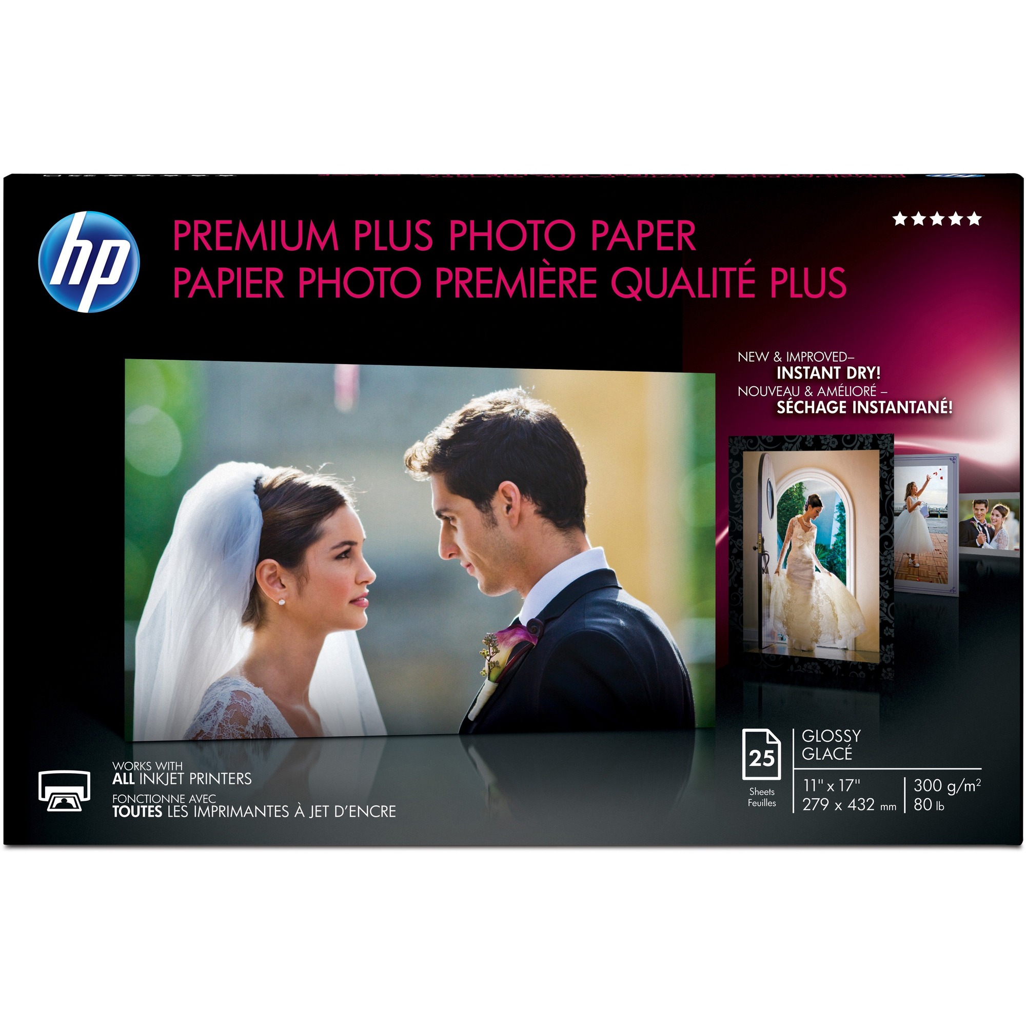 HP Premium Plus Glossy Tabloid Photo Paper - 11" (279.40 mm) x 17" (431.80 mm) - 80 lb (36287.39 g) Basis Weight - Glossy - Water Resistant, Smudge-free, Long Lasting, Fast-drying, Fade Resistant - White - 25 / Pack