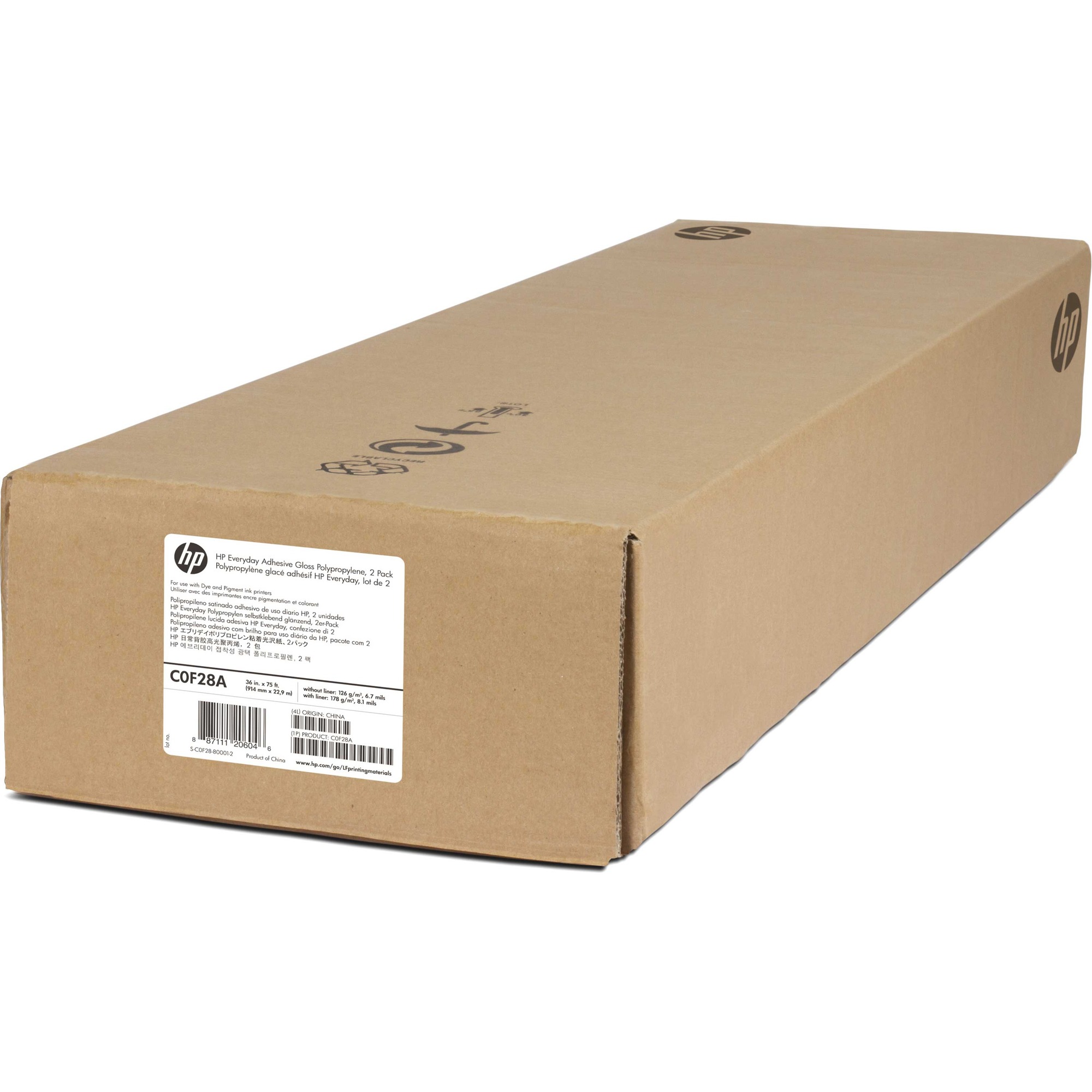 HP 2-Pack Everyday Adhesive Gloss Polypropylene-914 mm x 22.9 m (36 in x 75 ft) - 35 63/64" (914 mm) x 75 1/8 ft (22.90 m) - 168 g/m² Grammage - Glossy - Quick Drying, Smudge Resistant, Permanent Adhesive - 2 Pack