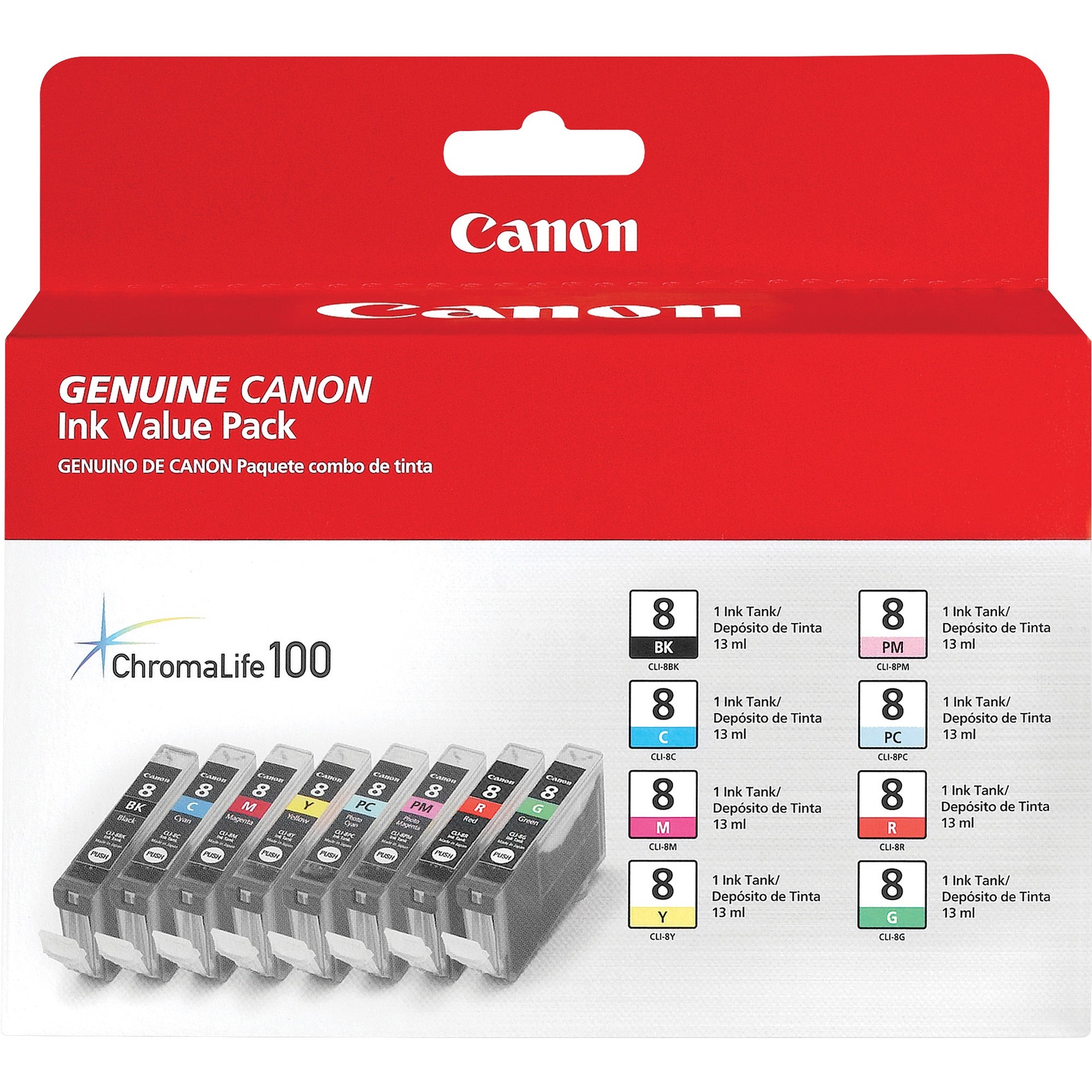 Canon CLI-8 Original Inkjet Ink Cartridge - Multi-pack - Black, Cyan, Magenta, Yellow, Photo Cyan, Photo Magenta, Red, Green - 8 / Pack