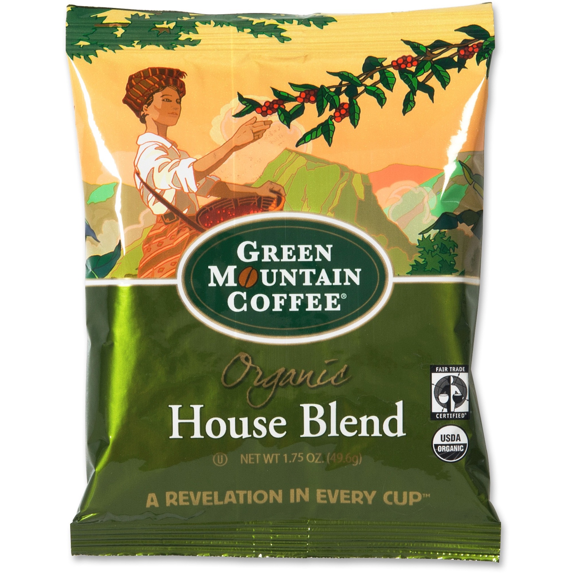 Green Mountain Coffee Roasters® Ground Coffee - Medium/Dark - 40 oz - Ground - House Blend, Central American, South American, Arabica - Decaffeinated - 50 / Carton