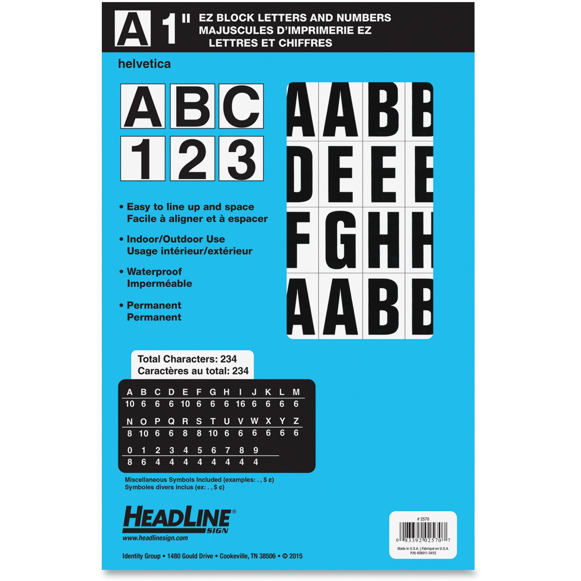 Headline Sign 2570 Stick-On EZ Block Letters and Numbers, Black on White,  1-Inch