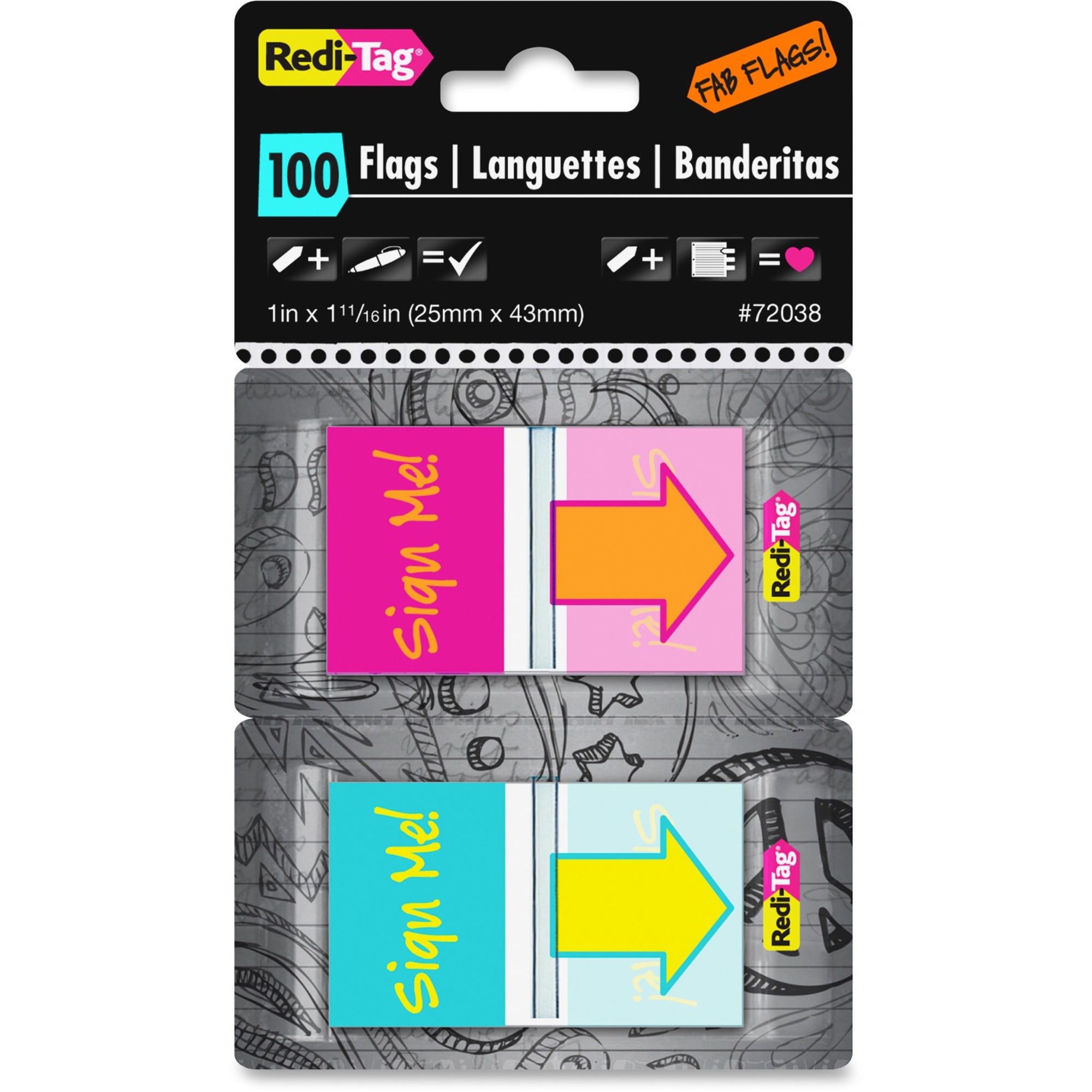 Redi-Tag Self-adhesive Fab Flags - 1" Flag/Note Width x 1 11/16" Flag/Note Length - Rectangle - Sign Me! - Magenta, Orange, Yellow, Teal - Self-adhesive, Repositionable, Removable, Residue-free, Writable, Reusable - Dispenser Included - 100 / Pack